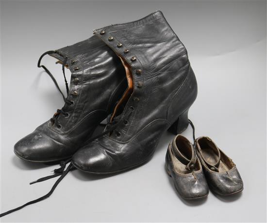 A pair of Victorian style stage dame boots and a pair of baby shoes